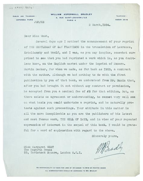 Image of typescript letter from William Aspenwall Bradley to Margaret West (02/03/1934) page 1 of 1