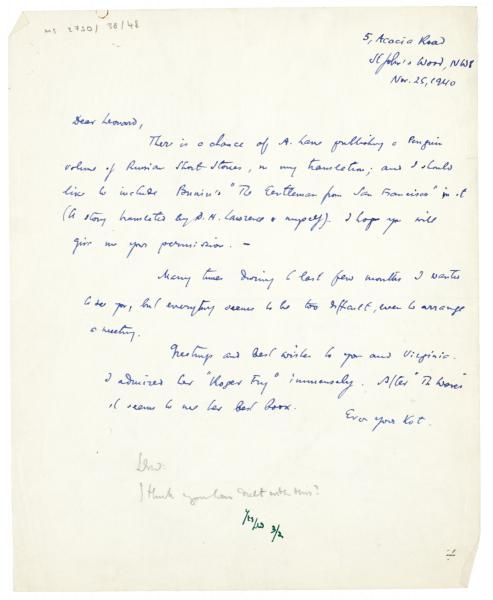 Image of handwritten letter from Samuel Solomonovich Koteliansky to Leonard Woolf (25/11/1940) page 1 of 1