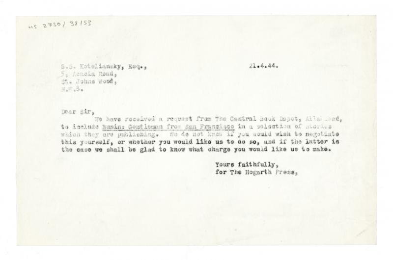 Image of typescript letter from Barbara Hepworth to Samuel Solomonovich Koteliansky (21/04/1944) page 1 of 1