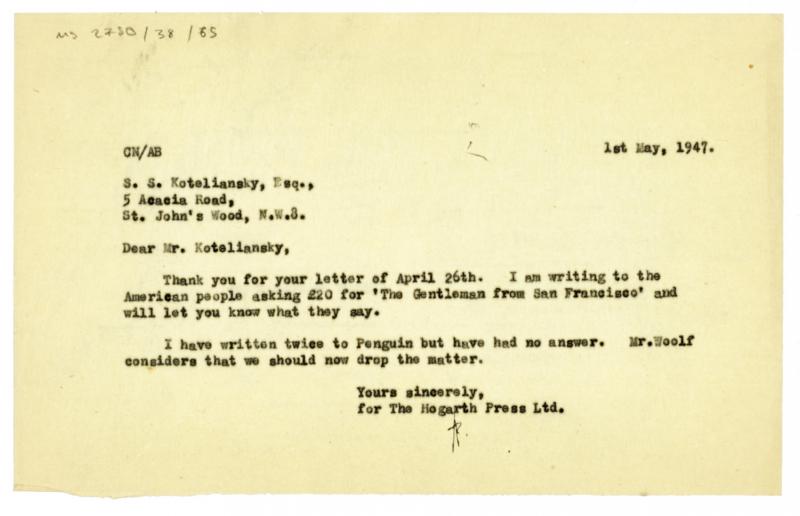 Image of typescript letter from Cherrell Newman on yellow paper to Samuel Solomonovich Koteliansky (01/05/1947) page 1 of 1