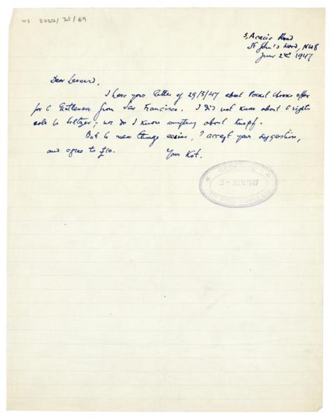 Image of handwritten letter from Samuel Solomonovich Koteliansky to Leonard Woolf (02/06/1947)  page 1 of 1