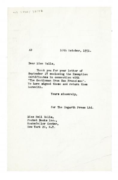 Image of typescript letter from Aline Burch to Nell Walls (10/10/1951) page 1 of 1