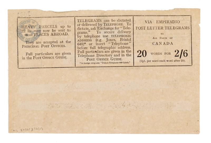 Image of telegram from Leonard Woolf to The Hogarth Press (1928) page 2 of 2
