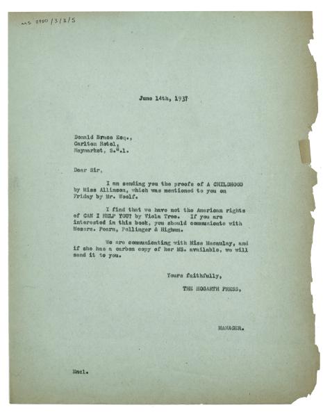 Image of typescript letter from Dorothy Lange to Donald Brace (14/06/1937) page 1 of 1 
