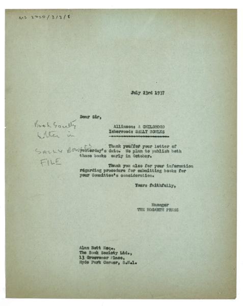 Image of typescript letter from Dorothy Lange to The Book Society (23/07/1937) page 1 of 1