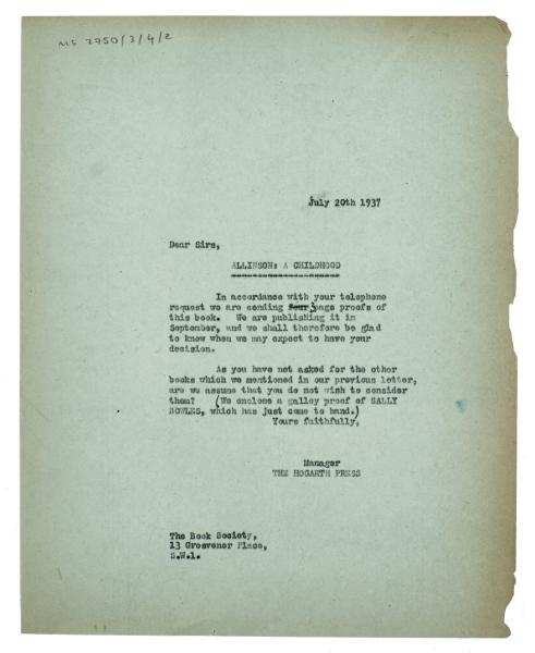 Image of typescript letter from Dorothy Lange to The Book Society (20/07/1937) page 1 of 1