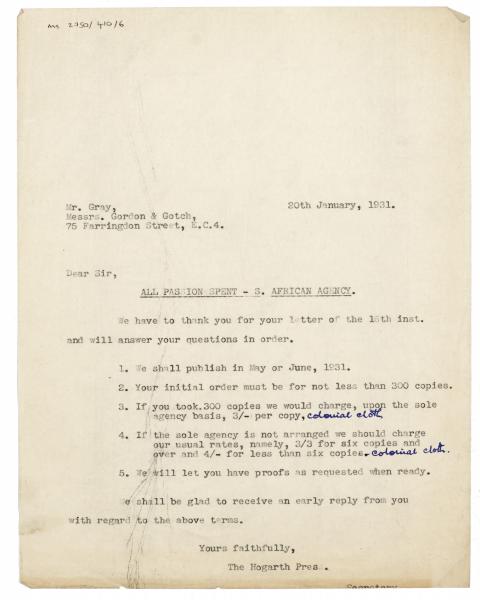 Image of typescript letter from the Hogarth Press to Gordon & Gotch (20/01/1931) page 1 of 1