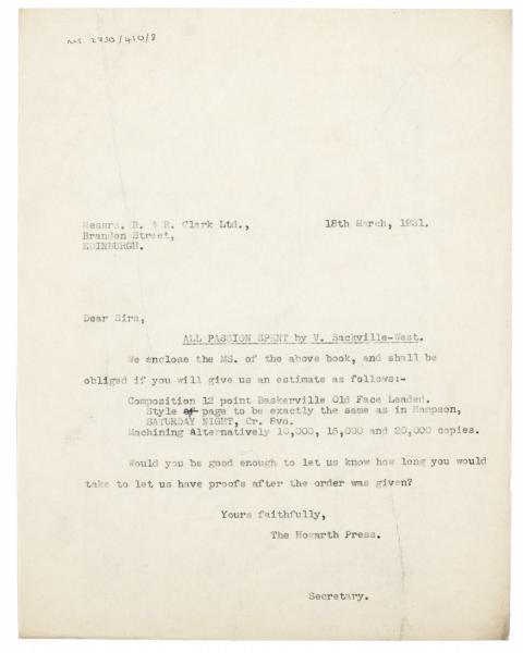 Image of typescript letter from The Hogarth Press to R. & R. Clark (18/03/1931) page 1 of 1
