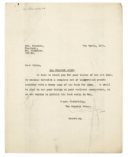 Image of typescript letter from Peggy Belsher to Trekkie Brooker (07/04/1931) page 1 of 1