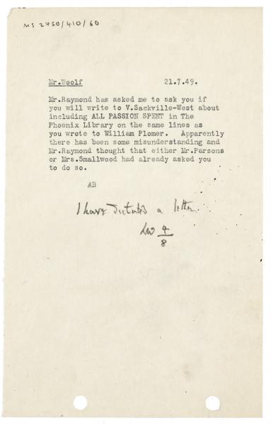Image of typescript letter from Aline Burch to Leonard Woolf (21/07/1949) page 1 of 1
