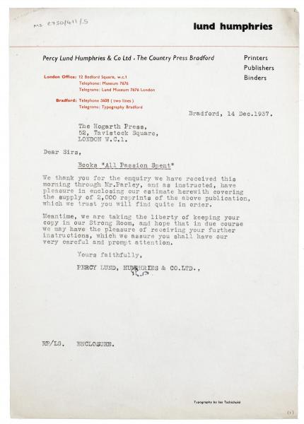 Image of typescript letter from Percy Lund Humphries Ltd to The Hogarth Press (14/12/1937) page 1 of 3