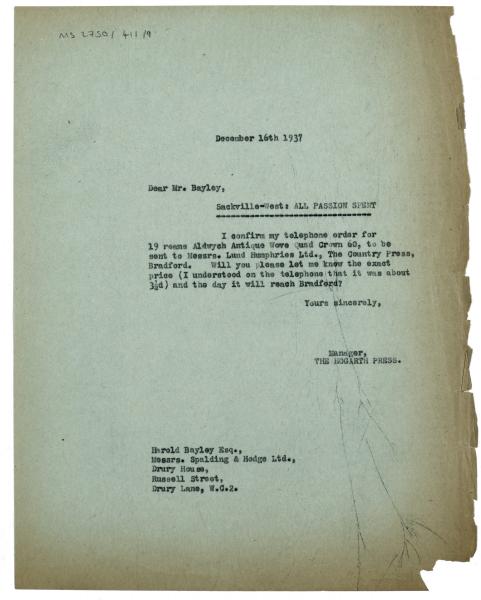 Image of typescript letter from The Hogarth Press to Spalding & Hodge Ltd (16/12/1937) page 1 of 1