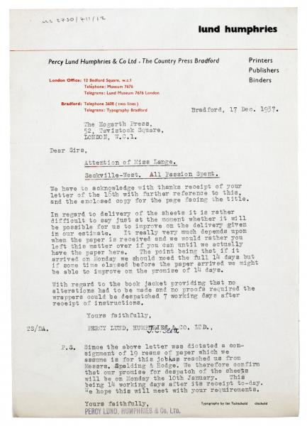 Image of typescript letter from Percy Lund Humphries Ltd to Dorothy Lange (17/12/1937) page 1 of 1