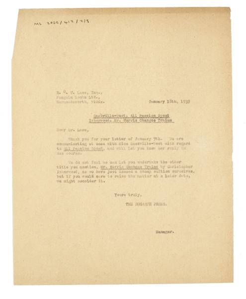 Image of typescript letter from The Hogarth Press to Richard Lane (18/01/1939) page 1 of 1