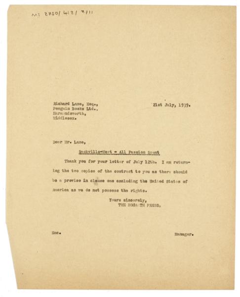 Image of typescript letter from Norah Nicholls to Richard Lane (21/07/1939)  page 1 of 1