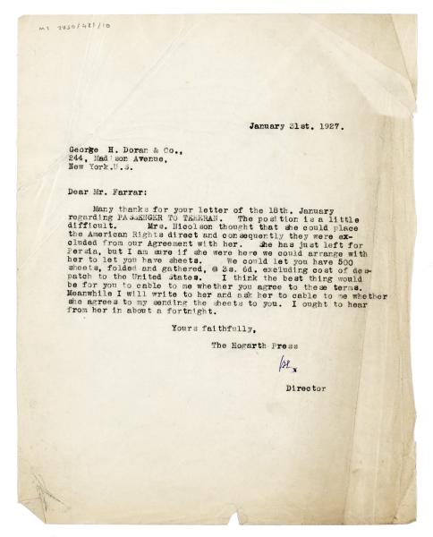 Image of typescript letter from Leonard Woolf to John Farrar (31/01/1927) page 1 of 1