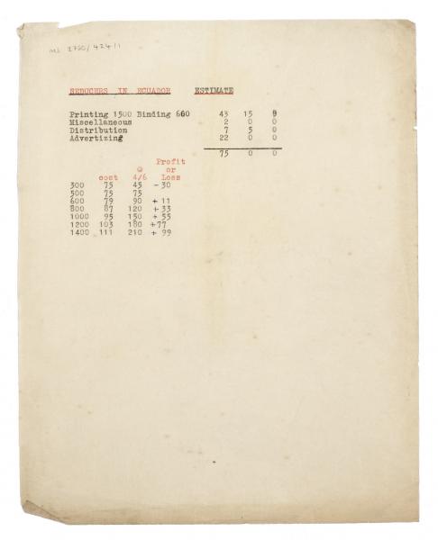 image of typescript printing and binding estimate with profit and loss statement relating to 'Seducers in Ecuador' (c1924) page 1 of 1