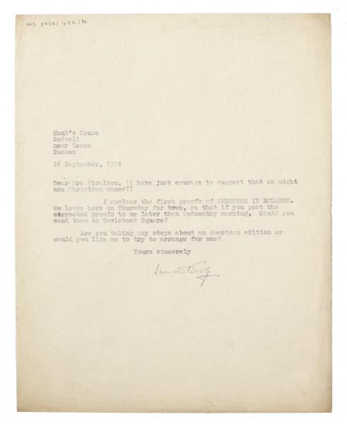 Image of typescript letter from Leonard Woolf to Vita Sackville-West (26/09/1924) page 1 of 1