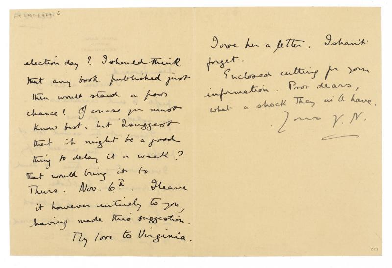 Image of handwritten letter from Vita Sackville-West to Leonard Woolf (15/10/1924) page 2 of 2