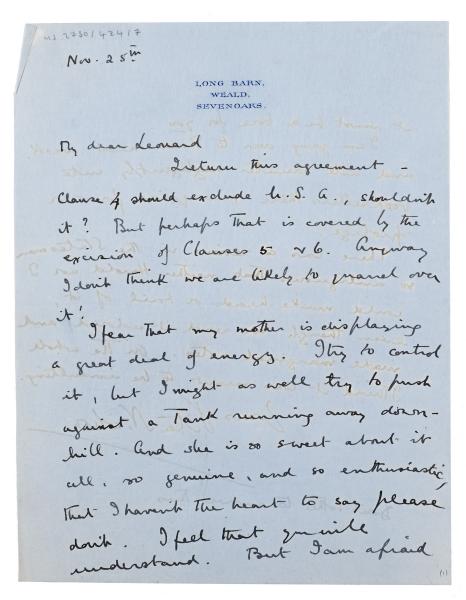 Image of handwritten letter from Vita Sackville-West to Leonard Woolf (25/11/1924) page 1 of 2