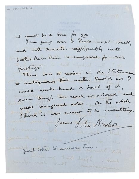 Image of handwritten letter from Vita Sackville-West to Leonard Woolf (25/11/1924) page 2 of 2