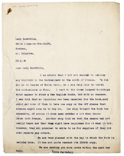 Image of typescript letter from The Hogarth Press to Vita Sackville-West (19/01/1925) page 1 of 1