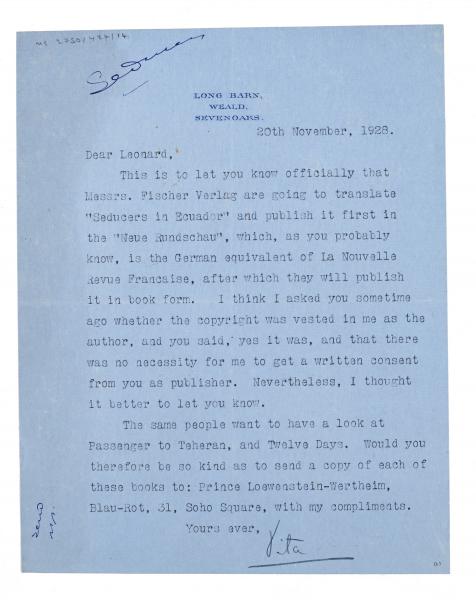 Image of typescript letter from Vita Sackville-West to Leonard Woolf (20/11/1928) page 1 of 2
