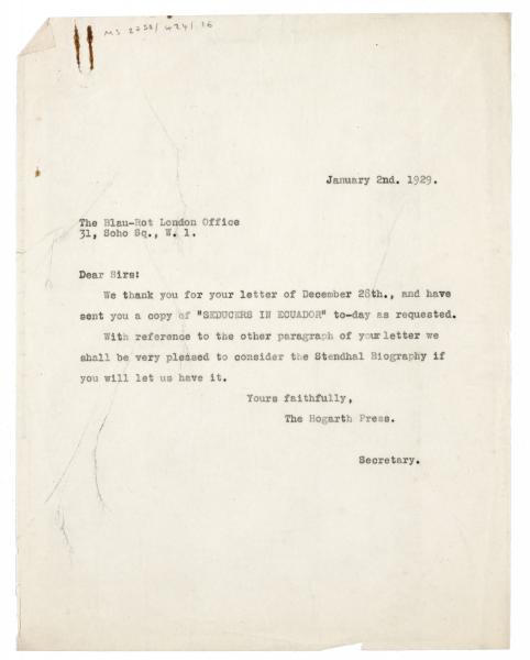 Image of typescript letter from The Hogarth Press to Blau-Rot (02/01/1929) page1 of 1