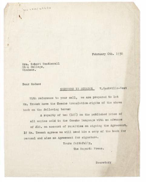 Image of typescript letter from The Hogarth Press to Mrs. Robert Weatherall (06/02/1930) page 1 of 1