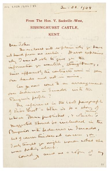 Image of handwritten letter from Vita Sackville-West to John Lehmann (22/01/1944) page 1 of 1