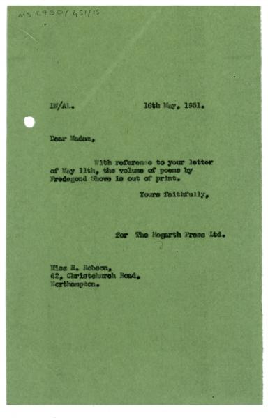 Image of typescript letter from The Hogarth Press to P. Pobson (16/05/1951) page 1 of 1