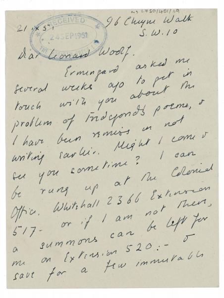 Image of handwritten letter from Mary Fisher to Leonard Woolf (21/09/1951) page 1 of 2