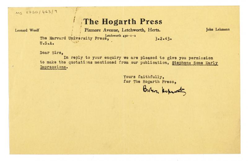 Image of typescript letter from Barbara Hepworth to The Hogarth Press (03/02/1943) page 1 of 1