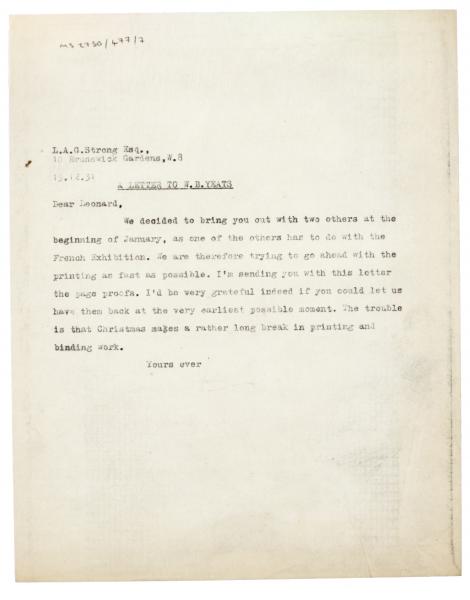 Image of typescript letter from The Hogarth Press to L.A.G. Strong (15/12/1931) page 1 of 1