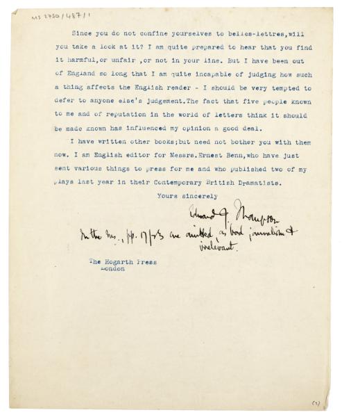 Image of typescript letter from Edward Thompson to The Hogarth Press (20/06/1925) page 2 of 2 