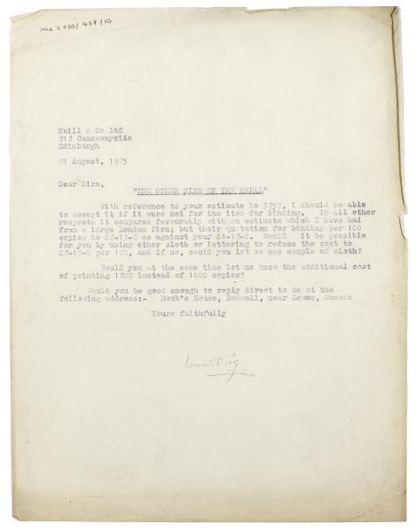 Image of typescript letter from Leonard Woolf to Neill & Co., Ltd (21/08/1925) page 1 of 1