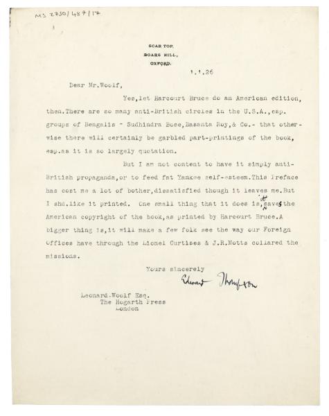 Image of typescript letter from Edward Thompson to Leonard Woolf (01/01/1926) page 1 of 1