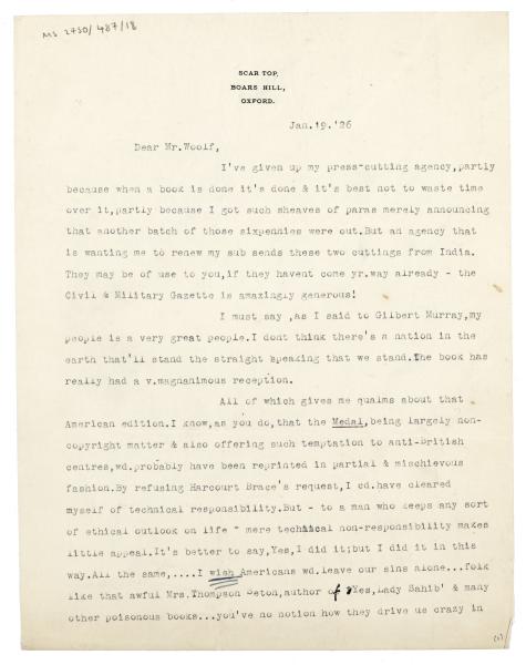 Image of typescript letter from Edward Thompson to Leonard Woolf (19/01/1926) page 1 of 2