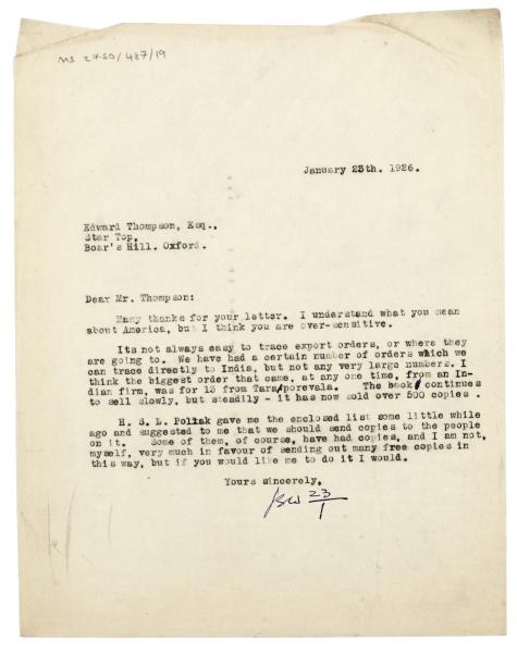 Image of typescript letter from Leonard Woolf to Edward Thompson (23/01/1926) page 1 of 1
