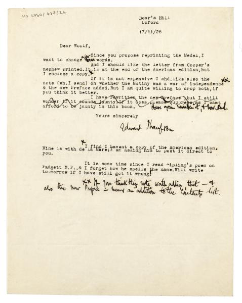 Image of typescript letter from Edward Thompson to Leonard Woolf (17/11/1926) page 1 of 1