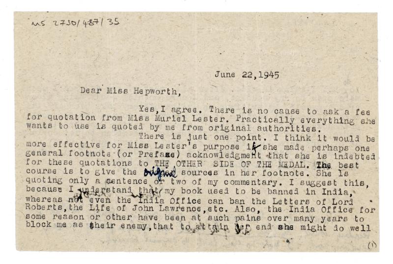 Image of typescript letter from Edward Thompson to Barbara Hepworth (22/06/1945) page 1 of 2