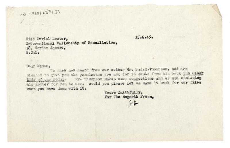 Image of typescript letter from Barbara Hepworth to the International Fellowship of Reconciliation (25/06/1945) page 1 of 1