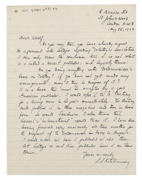 Image of handwritten letter from Samuel Solomonovich Koteliansky to Leonard Woolf (25/08/1923) page 1 o 1