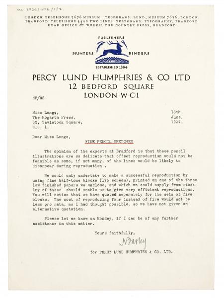 Image of typescript letter from Percy Lund Humphries & Co Ltd to Dorothy Lange (18/06/1937) page 1 of 1