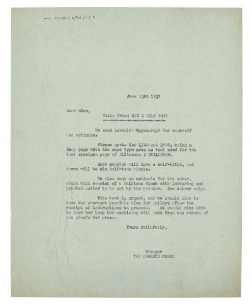 Image of typescript letter from The Hogarth Press to The Garden City Press Ltd (25/06/1937) page 1 of 1