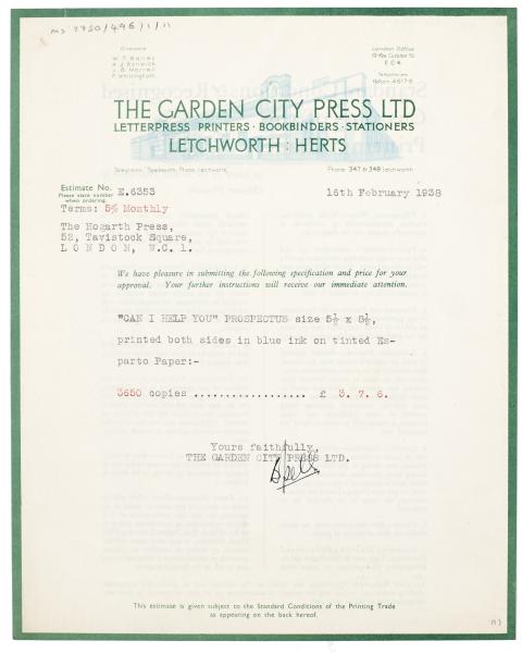 Image of typescript letter from The Garden City Press Ltd to The Hogarth Press (16/02/1938) page 1 of 2