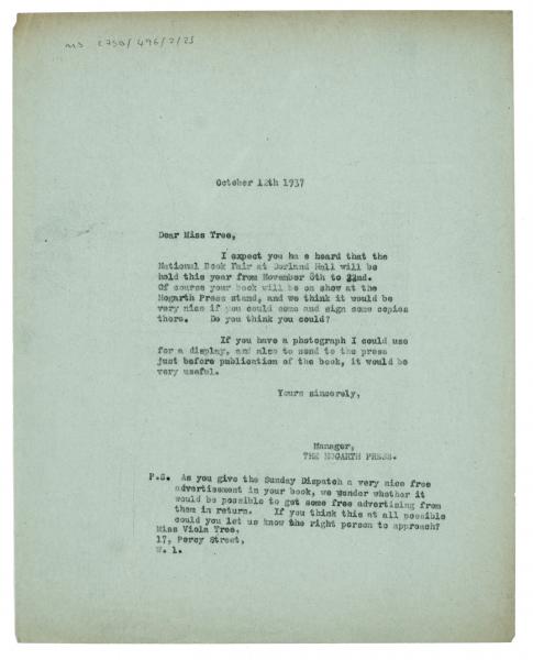 Image of typescript letter from The Hogarth Press to Viola Tree (12/10/1937) page 1 of 1