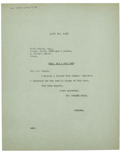 Image of typescript letter from Dorothy Lange to Pearn Pollinger and Higham (04/04/1938) page 1 of 1