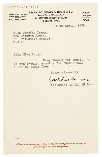 Image of typescript letter from Pearn, Pollinger, & Higham to Dorothy Lange (12/04/1938) page 1 of 1