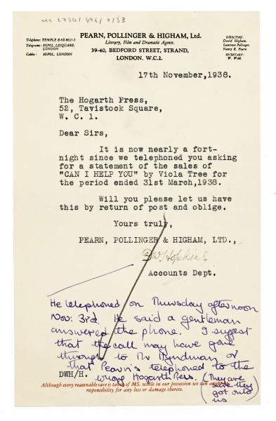 Image of typescript letter from Pearn, Pollinger, & Higham to The Hogarth Press (17/11/1938) page 1 of 1 